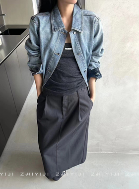 SOI秋翻领休闲长袖翻领牛仔衬衫 SR水洗海天蓝中长款外套SS4C1883