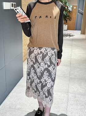 YMQY春秋设计感蕾丝半身裙 水溶丝重工双层松紧腰显瘦百搭中长裙