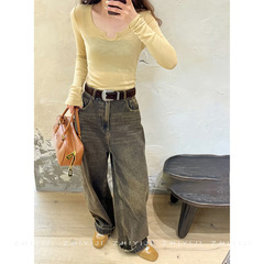 ymqy美式复古怀旧废土风阔腿牛仔裤 秋季设计感宽松显瘦直筒裤