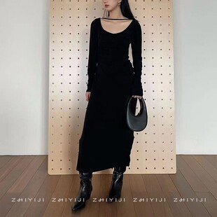 SOI春垂坠大U领质感高个子长裙 年会女神范修身质感连衣裙4D2607