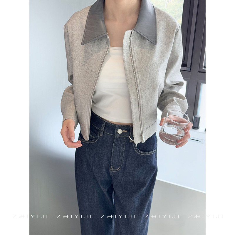 25秋设计感小众短款翻领外套 女撞色拼接高级感长袖夹克休闲上衣,女装/女士精品,短外套,淘宝优惠券,粉丝福利购,淘宝优惠卷