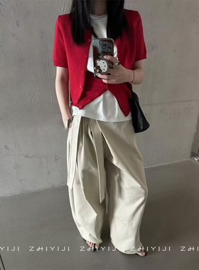 PLANT ALE春秋休闲工装阔腿裤 高腰腰带款挺括加长高个子镰刀裤