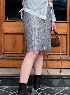 YMQY夏手工亮片流苏包臀半身裙  小众时髦松紧腰亮片中裙包臀裙