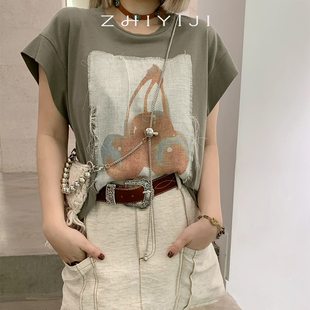 南油YMQY夏款原创樱桃图案短袖 印花时髦感水果宽松落肩无袖T恤女