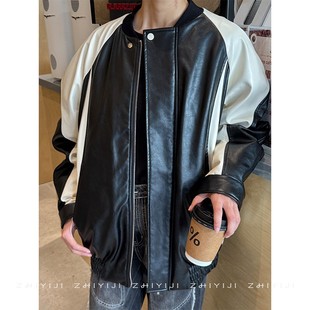 FAE冬季 圆领撞色飞行员无性别拼皮外套夹克 中长机车风PU皮羽绒服