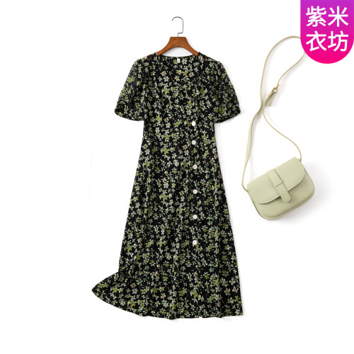 碎花连衣裙女绿色长裙高腰雪纺裙
