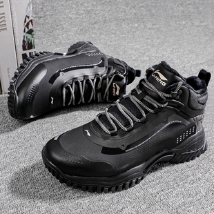 李宁男鞋加绒加厚保暖棉鞋冬季皮面防水霸虎中帮增高运动鞋