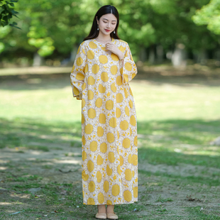 温柔气质显白文艺纯棉印花向日葵立领袍子连衣裙夏款原创设计长裙
