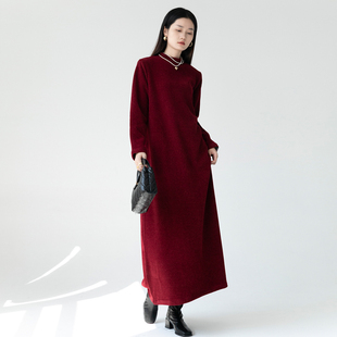 自制 高级复古红气质雪尼尔早春袍子连衣裙原创文艺宽松显瘦女装