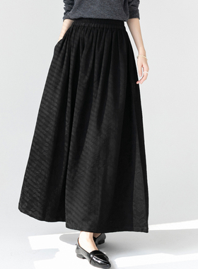 简约立体亚麻棉提花半身裙 显高显瘦秋冬长裙文艺复古黑色百搭女