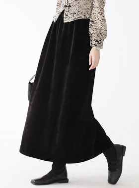 经典黑色复古显高显瘦纯棉灯芯绒女人味半身裙2025秋冬款文艺范儿