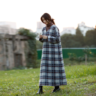 英伦风 保暖加厚格子长袍文艺简约宽松 高端定制原创袍子连衣裙