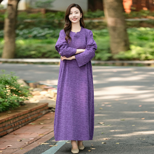 复古民族风立领紫色亚麻提花袍子连衣裙原创2025秋款 显瘦 宽松大码