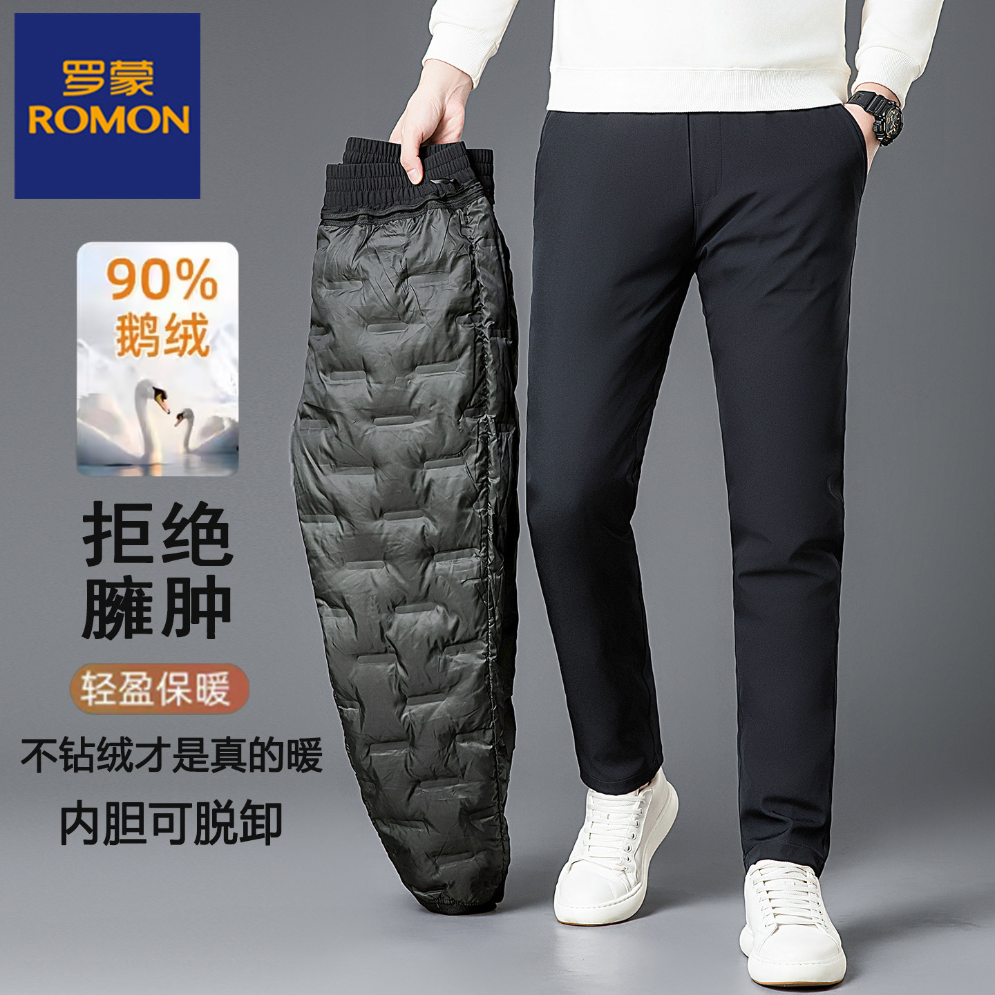 罗蒙白鹅绒可拆卸内胆羽绒裤男款图片