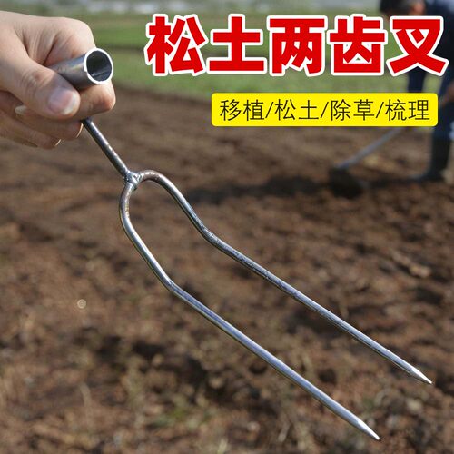 园艺碳钢两齿松土除草钢叉