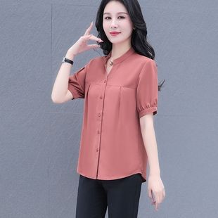 2025夏季 雪紡短袖 女裝 新款 襯衫 洋氣寬松遮肚子顯瘦減齡雪紡上衣女