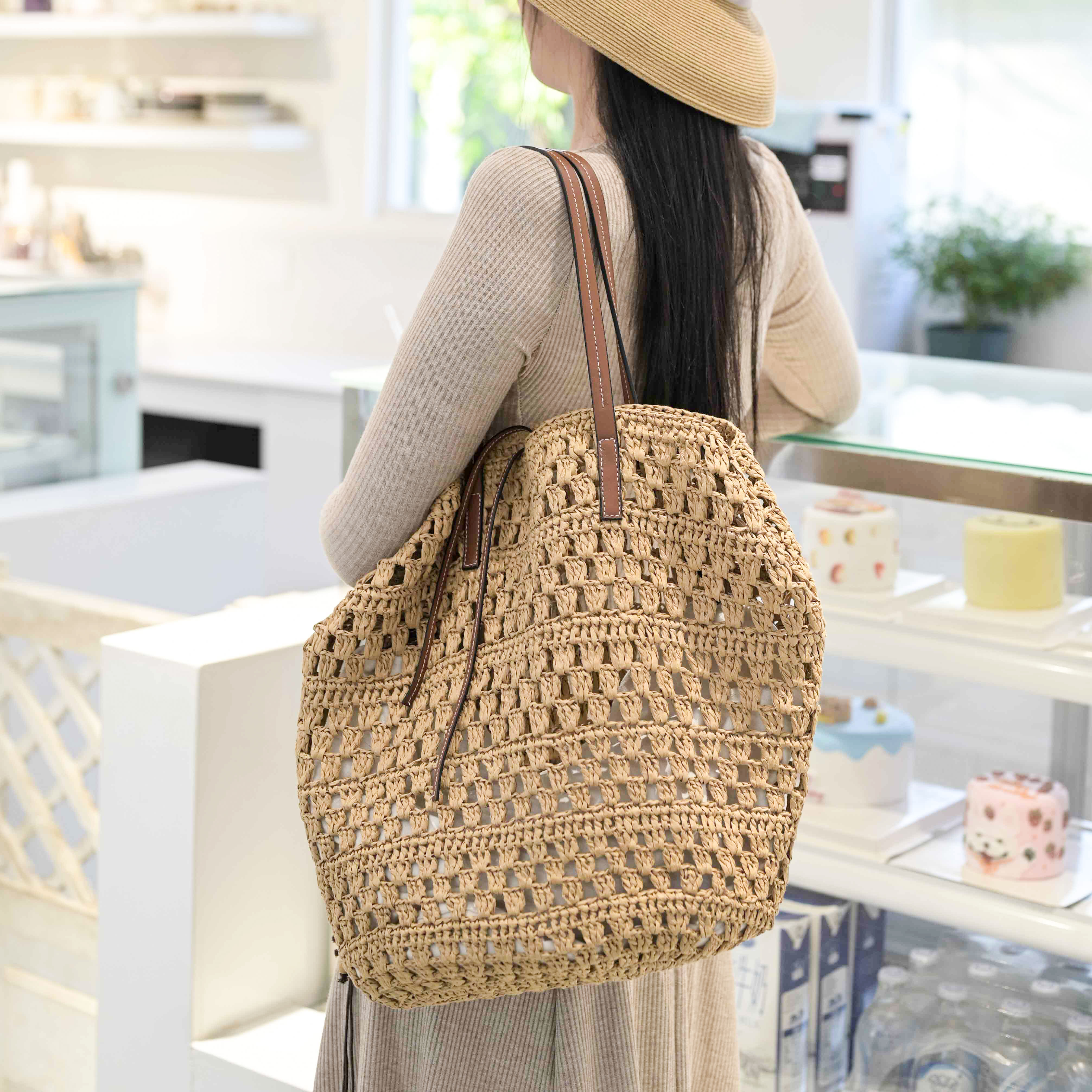 新款手工编织棉绳配头层牛皮轻奢高级感斜挎水桶包