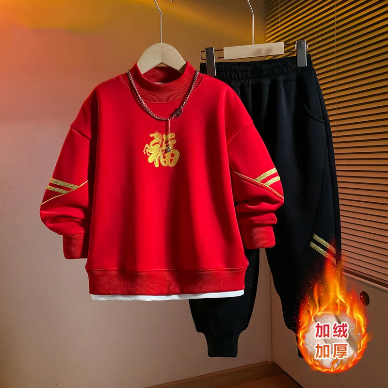 2025年男童新款中大童青少年秋冬季加绒保暖休闲红色卫衣