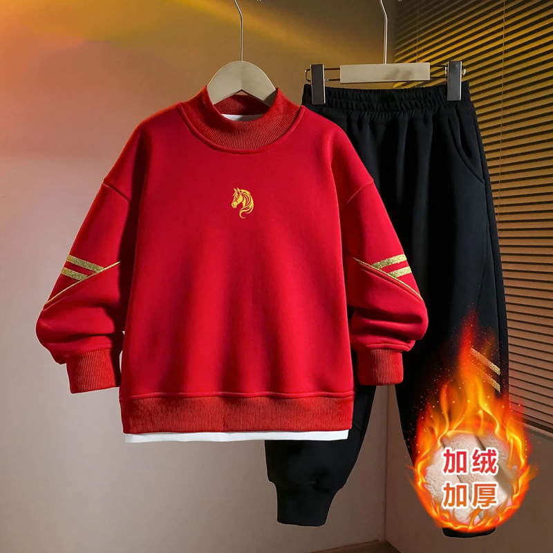 2025年男童新款【马到成功】秋冬季新年红色加绒圆领卫衣
