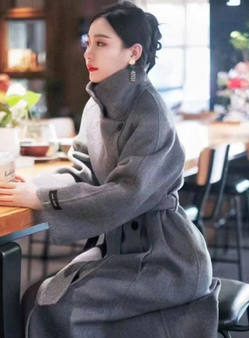 立领双面羊毛大衣女设计感侧单排扣腰带羊毛呢外套日韩系通勤外套