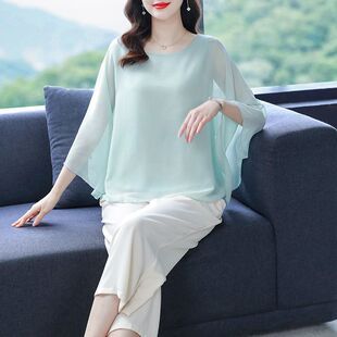宽松雪纺上衣女2026新款圆领蝙蝠袖夏季女装短袖大码遮肚子小衫潮