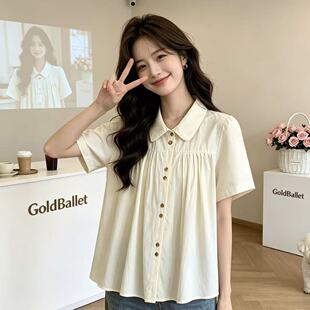 大码女装法式短袖衬衫夏季2026mm新款显瘦微胖遮肉上衣短款