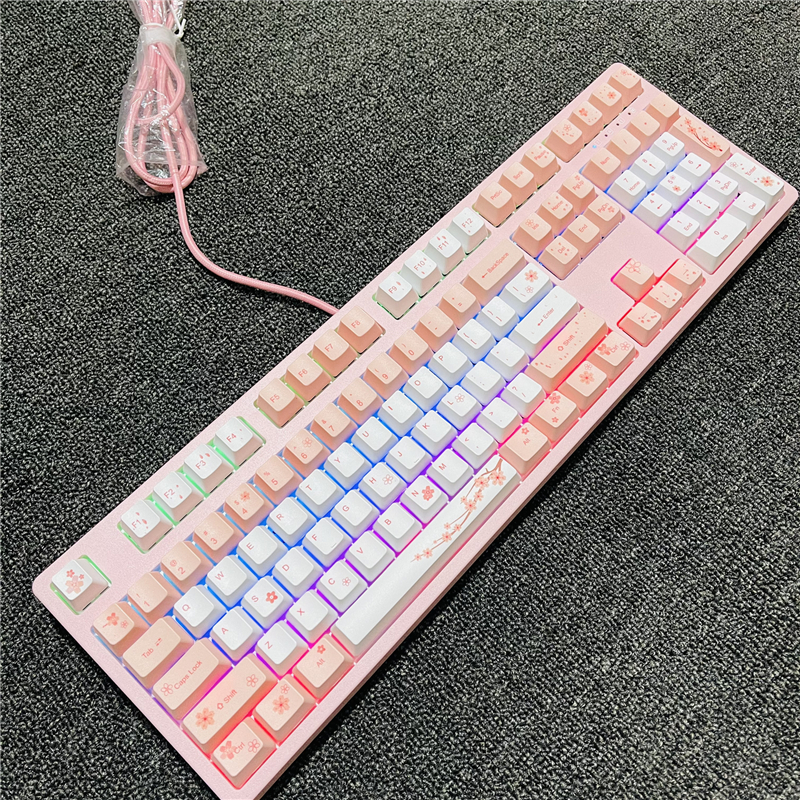 机械键盘粉色108键青轴有线PBT