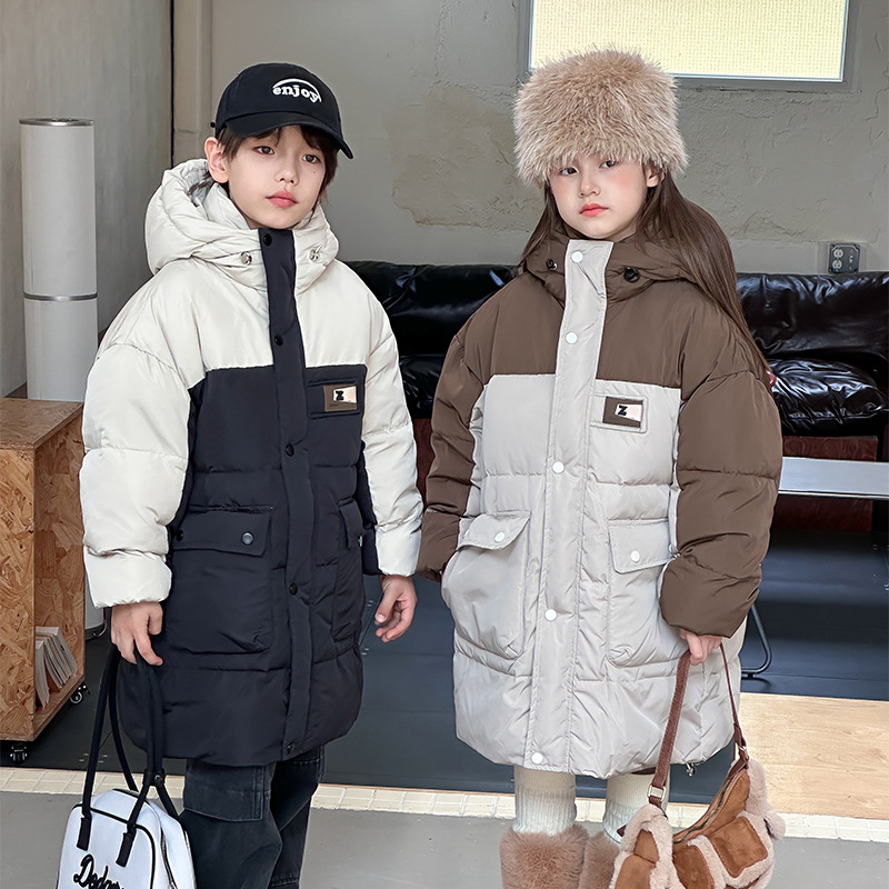儿童羽绒服2025新款中大童加厚保暖外套男女童中长款拼色洋气童装