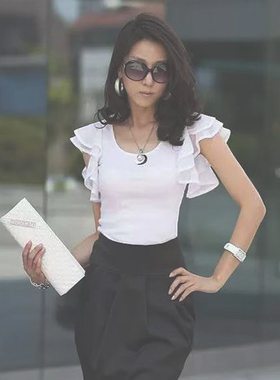 短袖拼接荷叶边T恤女2024夏装新款气质纯色圆领设计感小众上衣潮