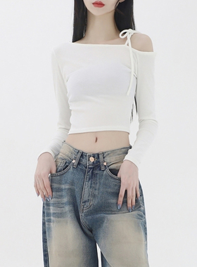 一字领长袖内搭黑色打底衫短款t恤女春辣妹紧身弹力露肩舞蹈上衣