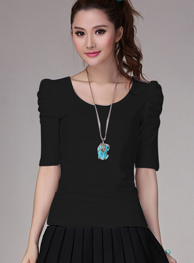 2024春夏新款韩版五分袖白色t恤女显瘦泡泡袖上衣中袖紧身打底衫