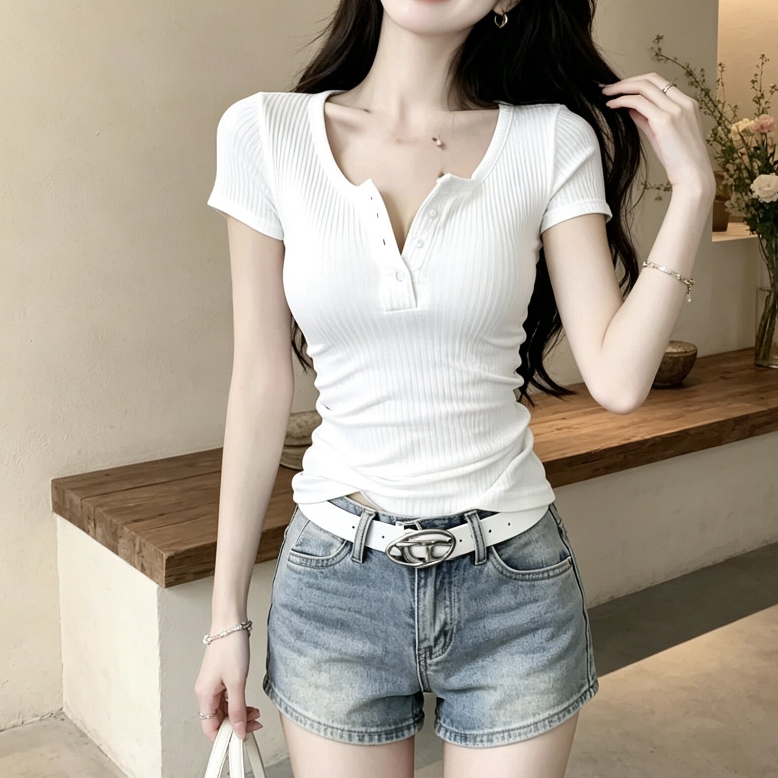 纯欲风白色短袖T恤女夏半开领修身显瘦露锁骨紧身上衣纽扣内搭女