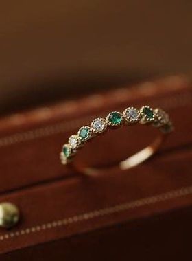 HTZS跨境新款镀金戒指女渐变绿锆石戒子复古轻奢绿花环开口指环