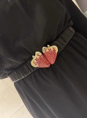 小红书同款3cm点钻草莓对扣弹力女腰带羊皮松紧束腰封窄网红款