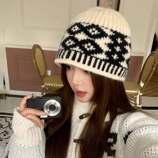复古菱形格子提花针织帽子女秋冬季保暖渔夫帽韩系小众洋气毛线帽