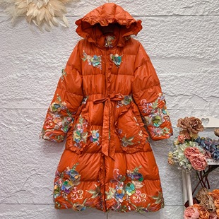 2025冬季新款高端重工刺绣连帽羽绒服女中长款收腰白鸭绒保暖外套