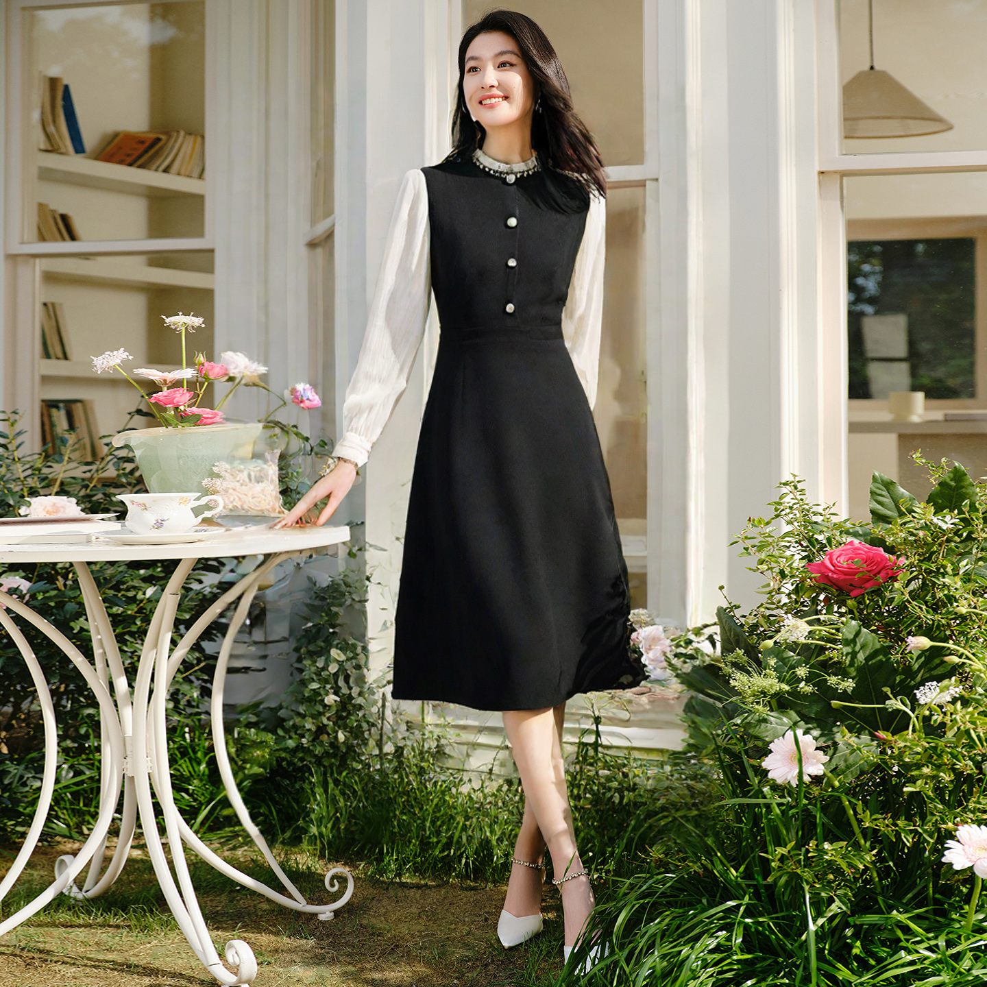 珂莱同款优雅假两件长袖连衣裙女