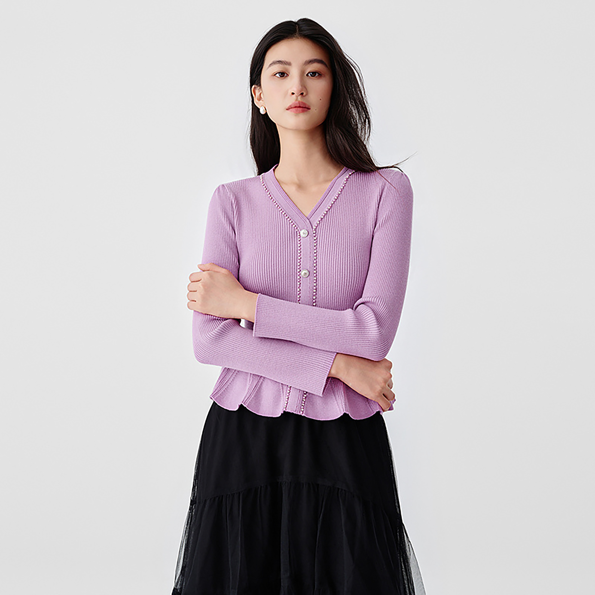 珂莱同款千金风荷叶边V领针织衫