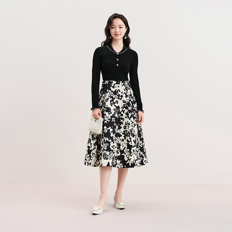 珂莱同款气质印花拼接连衣裙