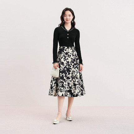 珂莱商场同款26春新气质印花假两件拼接羊毛针织连衣裙 KF11818W0