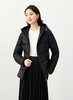 珂莱商场同款25冬新款经典连帽收腰修身羽绒服黑色简约 KR00918W0