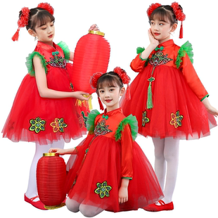 元旦幼儿童蓬蓬纱裙中国红喜庆演出服开门红灯笼梦娃舞蹈女表演服