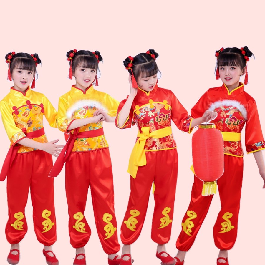 儿童说唱中国红演出服民族风喜庆秧歌服打鼓服灯笼腰鼓舞蹈表演服