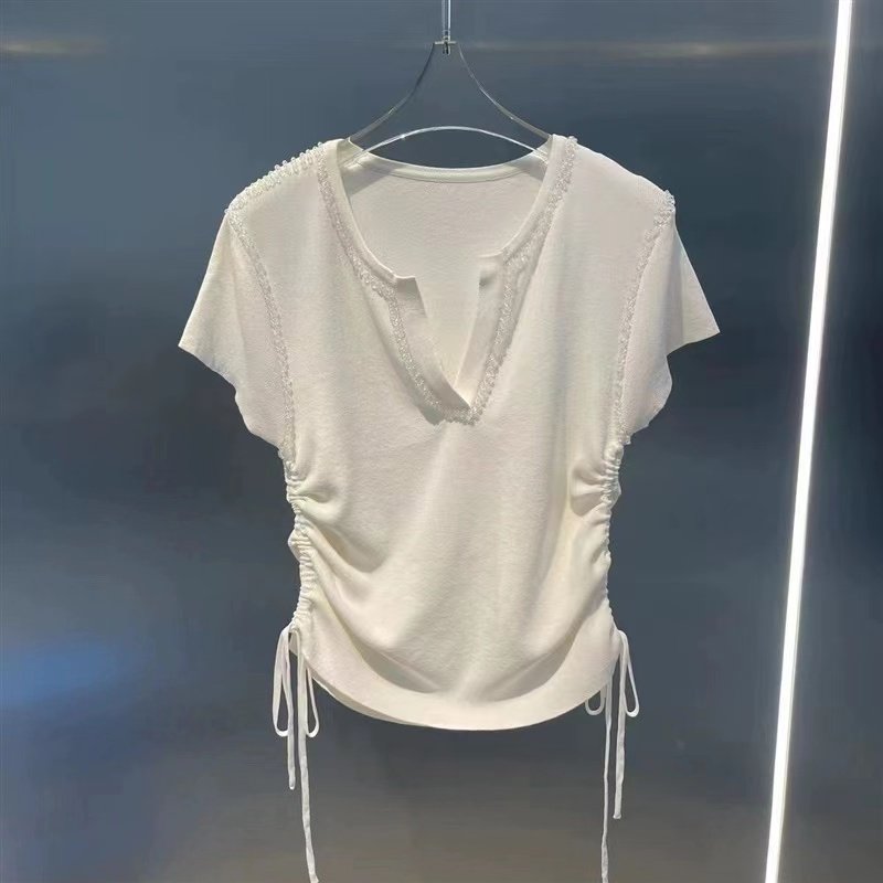 GDAMSS新款2026夏季抽绳收腰褶皱钉珠短袖T恤时尚V领飞飞袖上衣女,女装/女士精品,T恤,淘宝优惠券,粉丝福利购,淘宝优惠卷