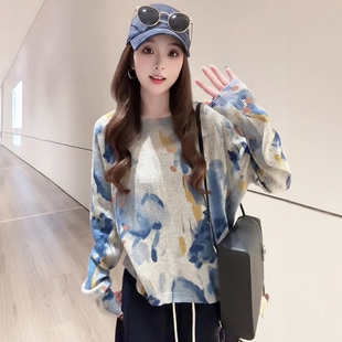商场同款2026春季新款水墨画印花针织衫长袖T恤休闲风晕染毛衣女