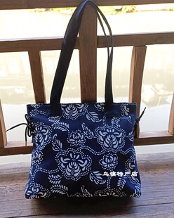乌镇特产手工蜡染蓝印花布单肩包手提包民族手工艺布包休闲绳子包