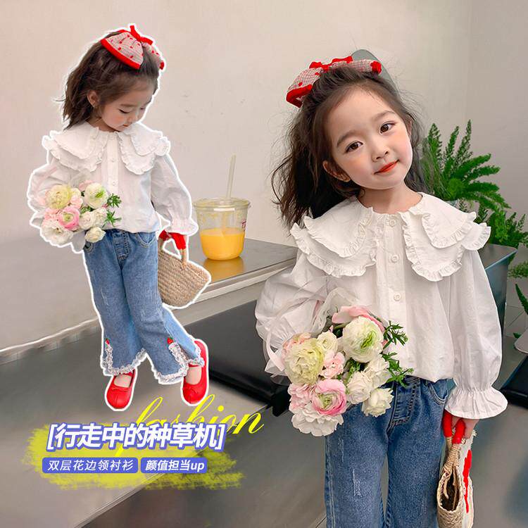 女童春秋衬衫女宝韩版纯棉娃娃领白色长袖衬衣上衣小女孩纯棉春装