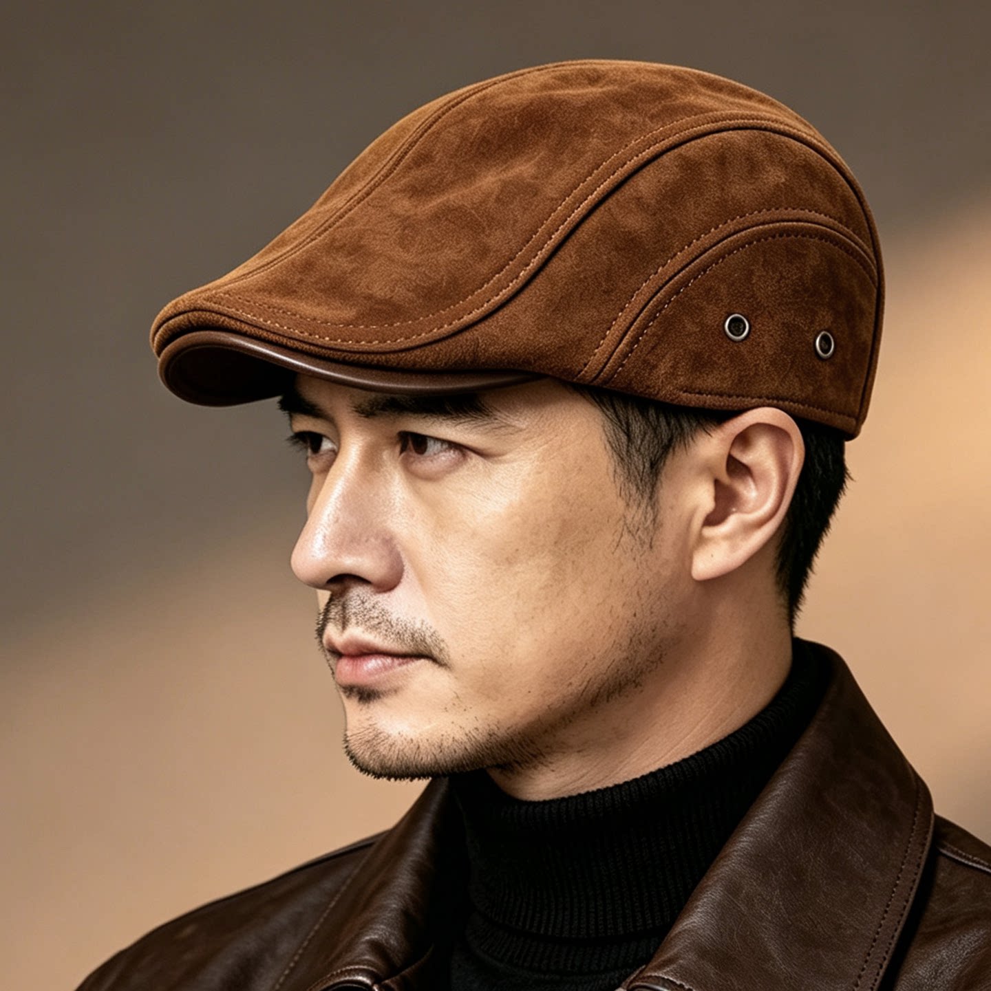 百搭休闲男士反绒羊皮鸭舌帽秋冬季保暖中老年真皮帽子贝雷前进帽