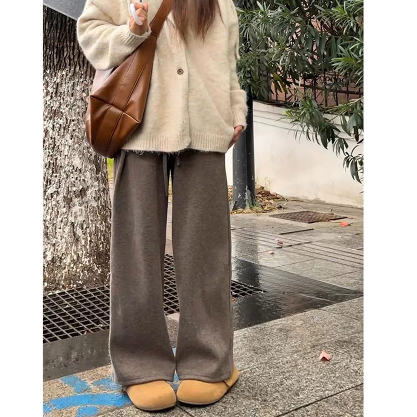 咖色糯米裤女2025冬新款高腰垂感