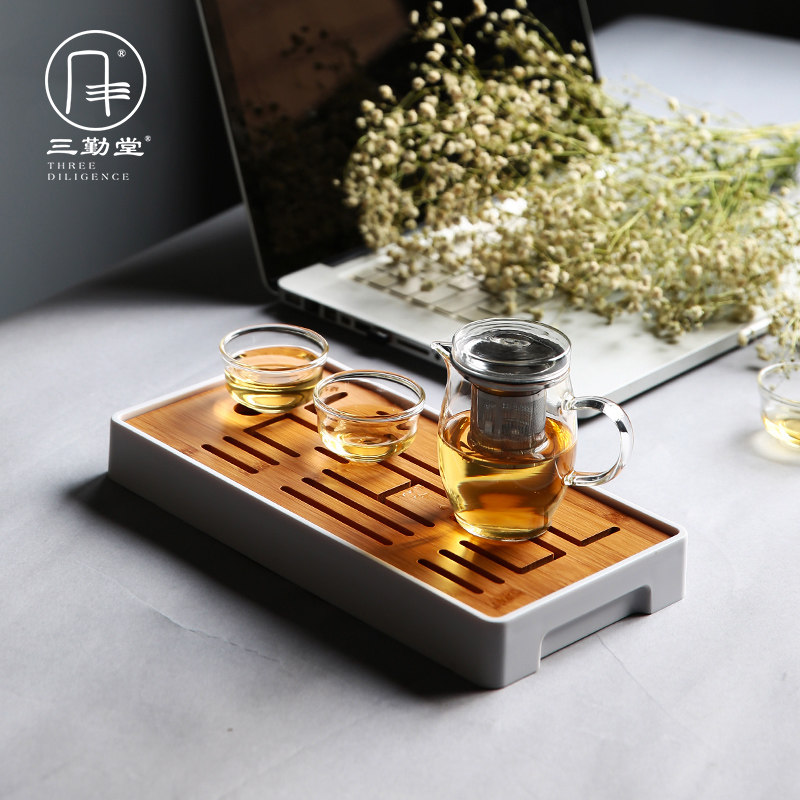 三勤堂玻璃功夫茶具 茶盘整套装一壶3杯带竹制储水式小托盘S91012